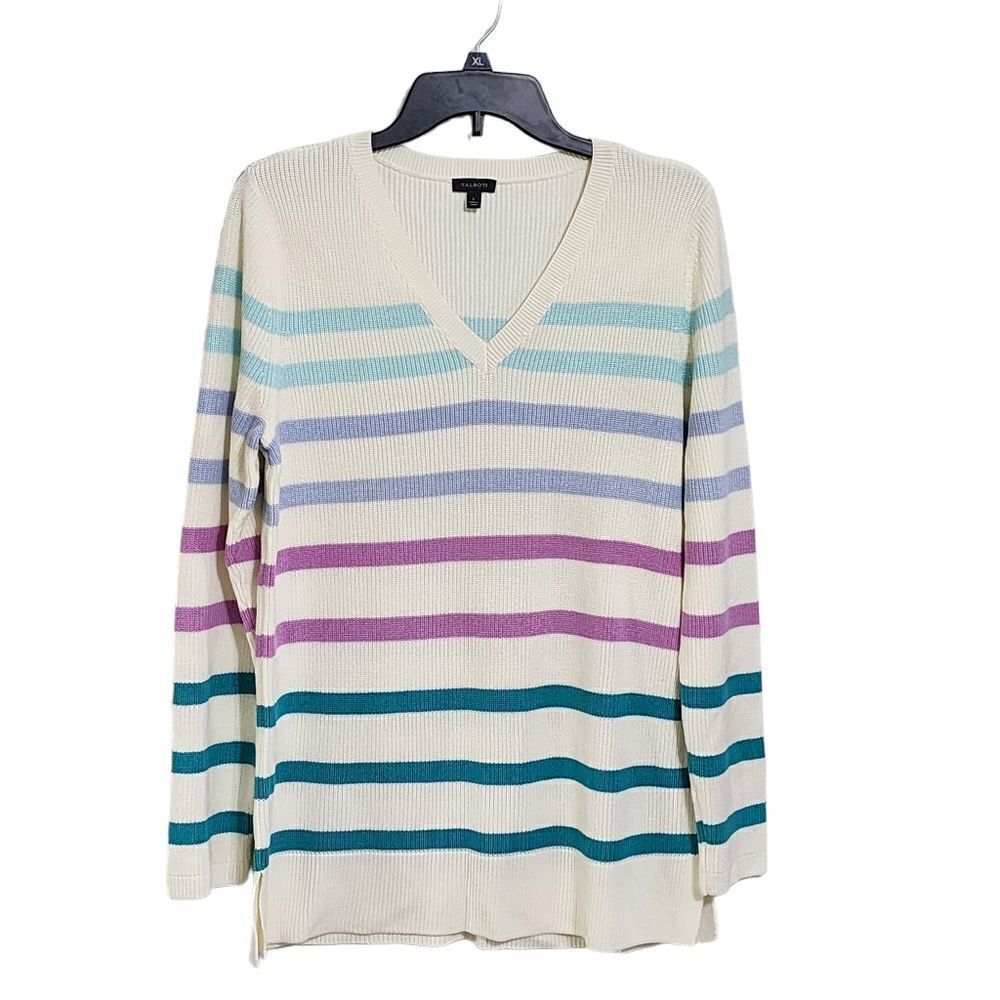 Talbots white striped v-neck sweater Sz L